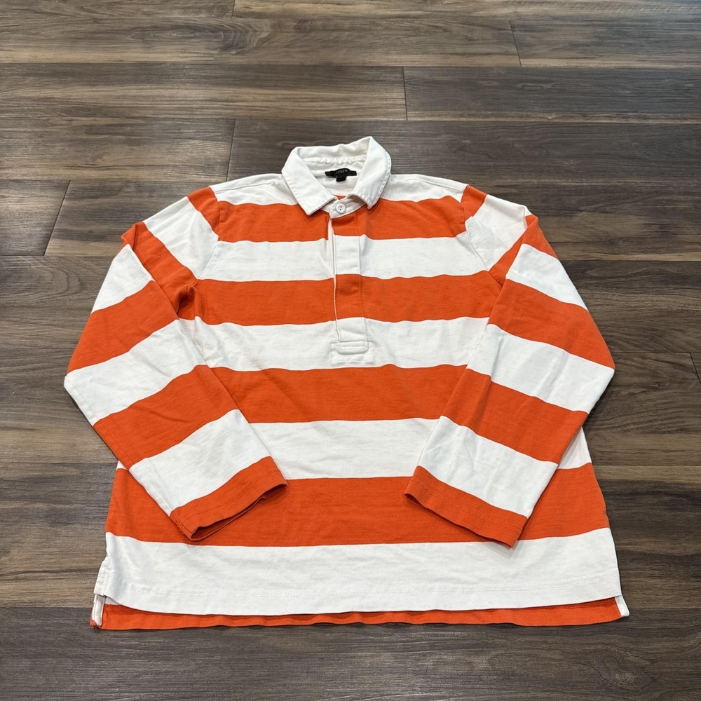 J.Crew Rugby Shirt Womens Medium Orange White Stripe Polo Long Sleeve Cotton